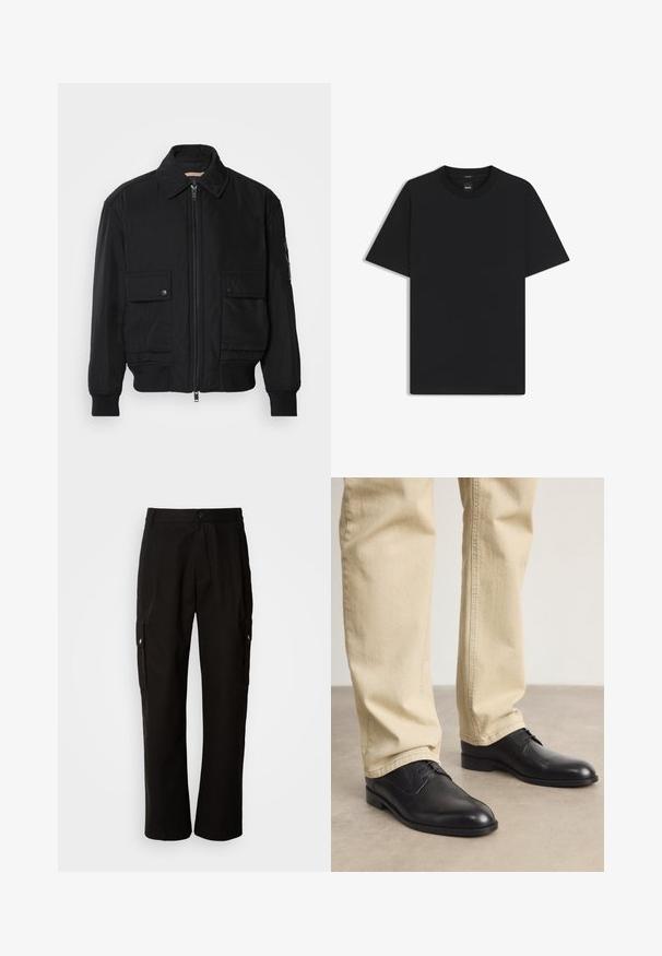 Svart bomberjacka gjord av mjukt, lättviktigt tyg. Har dragkedja fram, två knappade bröstfickor och ribbade ärmslut.; Svart kortärmad T-shirt i en mjuk bomullsblandning, med rundad halsringning och en minimalistisk design utan mönster eller detaljer.; Svarta cargobyxor i bomull med avslappnad passform, utrustade med sidofickor, knapplås och raka ben. Enkelt design utan mönster.; Svarta läderskor med snörning, rund tå, slät yta och subtila sömdetaljer, bärs med ljusbeige byxor.