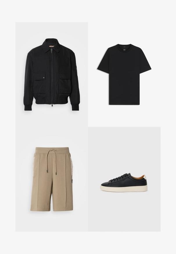 Giacca bomber nera realizzata in tessuto morbido e leggero. Caratterizzata da una chiusura con zip frontale, due tasche sul petto con bottone e polsini a costine.; Maglietta nera a maniche corte realizzata in un morbido misto cotone, con scollatura a girocollo e un design minimalista senza motivi o dettagli.; Pantaloni corti in cotone beige con vita elastica e cordoncino. Presentano tasche laterali trapuntate e una toppa con logo sulla parte anteriore.; Sneakers in pelle nera con una texture liscia, suola in gomma beige, design con lacci e un accento del tacco in contrasto.