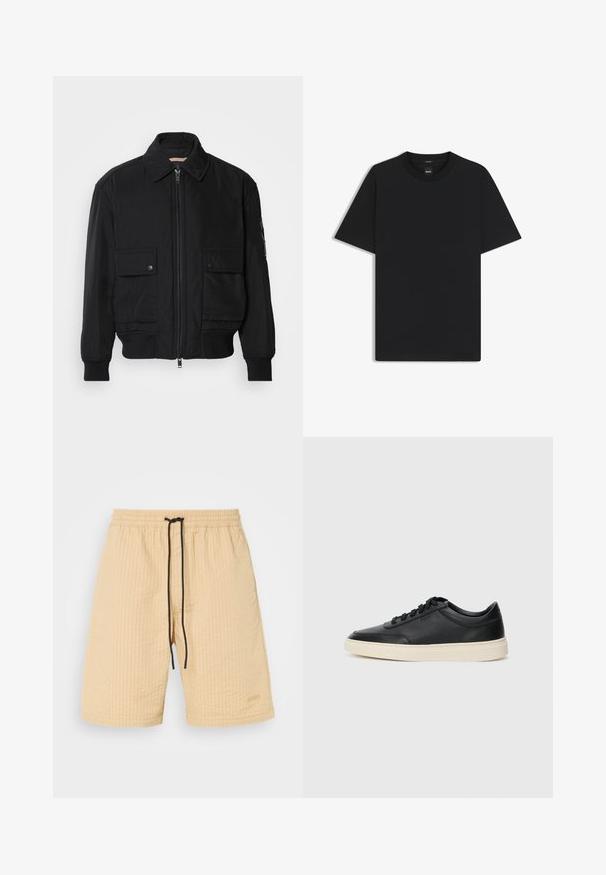 Schwarze Bomberjacke aus glattem, leichtem Stoff. Mit einem Reißverschluss vorne, zwei aufknöpfbaren Brusttaschen und gerippten Bündchen.; Schwarz T-Shirt mit kurzen Ärmeln aus einem glatten Baumwollmix, mit Rundhalsausschnitt und einem minimalistischen Design ohne Muster oder Akzente.; Beige Shorts aus einem strukturierten Stoff, mit elastischem Bund und schwarzem Kordelzug. Mit einem dezenten Logo-Akzent. Gerader Schnitt.; Schwarzer niedriger Ledersneaker mit schwarzen Schnürsenkeln und cremefarbenem Sohlenrand, seitlich auf weißem Hintergrund dargestellt.