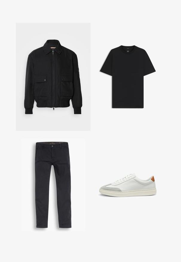Giacca bomber nera realizzata in tessuto morbido e leggero. Caratterizzata da una chiusura con zip frontale, due tasche sul petto con bottone e polsini a costine.; Maglietta nera a maniche corte realizzata in un morbido misto cotone, con scollatura a girocollo e un design minimalista senza motivi o dettagli.; Pantaloni chino neri in cotone. Presentano un design a gamba standard, tasche frontali e chiusura con bottone, con una texture liscia.; Sneakers bianchi in pelle con accenti in suede grigio e un tallone in pelle beige. Presentano una superficie testurizzata e una suola leggera.