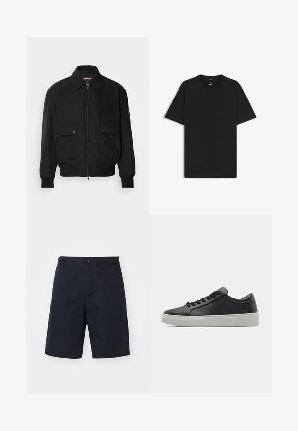 Giacca bomber nera realizzata in tessuto morbido e leggero. Caratterizzata da una chiusura con zip frontale, due tasche sul petto con bottone e polsini a costine.; Maglietta nera a maniche corte realizzata in un morbido misto cotone, con scollatura a girocollo e un design minimalista senza motivi o dettagli.; Pantaloni corti neri in cotone con vita piatta, tasche laterali, chiusura con bottone e gamba dritta. Nessun motivo o accento visibile.; Sneaker in pelle nera con una texture liscia, punta rotonda e lacci neri. Presenta una suola in gomma bianca spessa con sottili accenti geometrici.