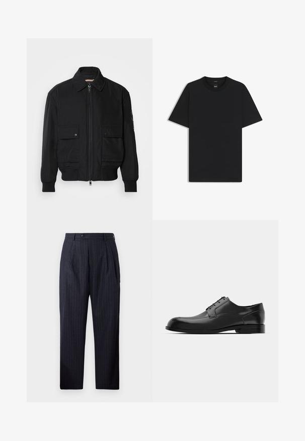 Schwarze Bomberjacke aus glattem, leichtem Stoff. Mit einem Reißverschluss vorne, zwei aufknöpfbaren Brusttaschen und gerippten Bündchen.; Schwarz T-Shirt mit kurzen Ärmeln aus einem glatten Baumwollmix, mit Rundhalsausschnitt und einem minimalistischen Design ohne Muster oder Akzente.; Marineblau gestreifte Hose aus strukturiertem Stoff, mit einem Knopfverschluss, zwei vorderen Falten und einem geraden Schnitt.; Schwarze Leder-Dressschuhe mit einer runden Zehenpartie, glatter Oberfläche, minimalen Nähten und flacher Sohle mit dezentem Branding an der Ferse.