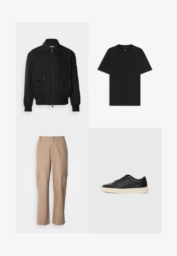 Schwarze Bomberjacke aus glattem, leichtem Stoff. Mit einem Reißverschluss vorne, zwei aufknöpfbaren Brusttaschen und gerippten Bündchen.; Schwarz T-Shirt mit kurzen Ärmeln aus einem glatten Baumwollmix, mit Rundhalsausschnitt und einem minimalistischen Design ohne Muster oder Akzente.; Khakifarbene Cargo-Hosen aus leichtem Stoff mit zwei seitlichen Taschen, einem Knopfverschluss und einer geraden Beinform.; Schwarzer niedriger Ledersneaker mit schwarzen Schnürsenkeln und cremefarbenem Sohlenrand, seitlich auf weißem Hintergrund dargestellt.