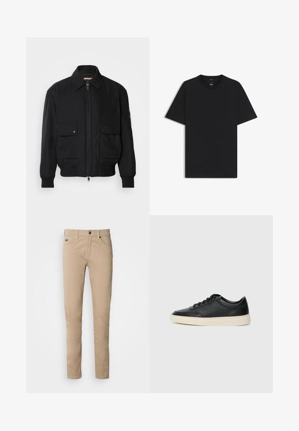 Zwarte bomberjack gemaakt van soepel, lichtgewicht materiaal. Voorzien van een ritssluiting aan de voorkant, twee knoopsluitingen op de borstzakken en geribbelde manchetten.; Zwarte korte mouwen T-shirt van een gladde katoenmix, met een ronde halslijn en een minimalistisch ontwerp zonder patronen of accenten.; Slim-fit kaki broek gemaakt van een zachte katoenmix, met een knoopsluiting, riemlussen, twee voorzakken en een nette afwerking.; Zwarte leren sneaker met lage schacht, zwarte veters en off-white zool, weergegeven in zijprofiel op een witte achtergrond.