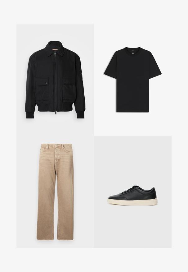 Svart bomberjacka gjord av mjukt, lättviktigt tyg. Har dragkedja fram, två knappade bröstfickor och ribbade ärmslut.; Svart kortärmad T-shirt i en mjuk bomullsblandning, med rundad halsringning och en minimalistisk design utan mönster eller detaljer.; Beige denimjeans med rak passform, med fem fickor, knäppning med knapp och kontrasterande sömmar. Slät textur och minimal slitage.; Svart låg skor i läder med svarta snören och off-white sula, visas i sidoprofil på vit bakgrund.