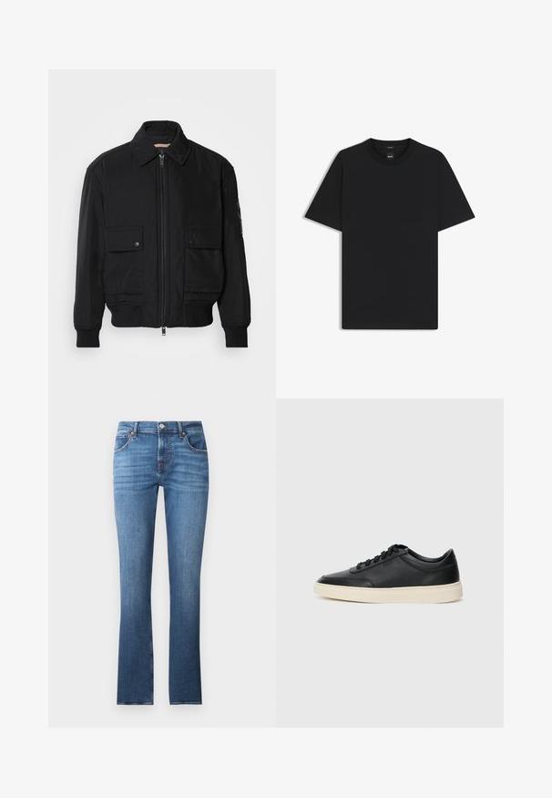 Musta pommijakku, joka on valmistettu sileästä, kevyestä kankaasta. Varusteena vetoketjukiinnitys, kaksi napillista rintataskua ja ribbattu hihansuu.; Musta lyhythiha T-paita, joka on valmistettu sileästä puuvillasekoitteesta. Paita on varustettu pyöreällä pääntiehen ja siinä on minimaalinen muotoilu ilman kuvioita tai yksityiskohtia.; Siniset farkut suoran lahkeen muotoilulla, jossa on vaaleaa kulumista, viisi taskua ja metalliosat. Vyötäröosassa on vyölenkit.; Musta matalavartinen nahkastretchu, jossa on mustat nauhat ja vaaleanharmaa pohja, esitetty sivuprofiilissa valkoista taustaa vasten.