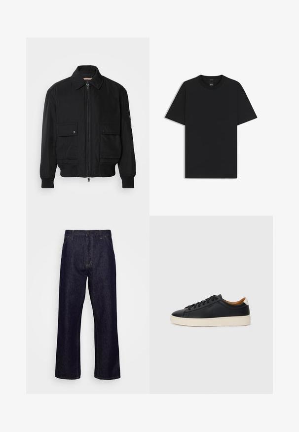 Czarna kurtka bombowiec wykonana z gładkiego, lekkiego materiału. Posiada zamek błyskawiczny z przodu, dwie kieszenie na piersi zapinane na guziki oraz ściągacze przy mankietach.; Czarny t-shirt krótki rękaw wykonany z gładkiej mieszanki bawełny, z okrągłym dekoltem i minimalistycznym designem bez wzorów czy akcentów.; Granatowe dżinsy straight-leg z przednimi kieszeniami, szlufkami na pasek, zamkiem błyskawicznym i zapięciem na guzik, wyeksponowane na jednolitym białym tle.; Czarne skórzane trampki o gładkiej fakturze, jasnobrązowa gumowa podeszwa, sznurowana konstrukcja i kontrastujący akcent na pięcie.