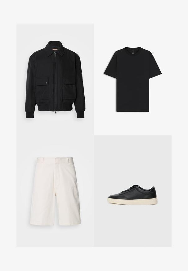 Veste bomber noire en tissu lisse et léger. Dotée d'une fermeture éclair à l'avant, de deux poches poitrines boutonnées et de poignets côtelés.; T-shirt noir à manches courtes en coton mélangé doux, avec un col rond et un design minimaliste sans motifs ni accents.; Shorts en coton blanc à coupe décontractée, avec deux poches avant, une fermeture éclair et une texture lisse. Design épuré et simple sans motifs.; Baskets en cuir noires à tiges basses avec lacets noirs et semelle ivoire, présentées en profil latéral sur fond blanc.