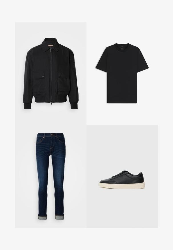 Schwarze Bomberjacke aus glattem, leichtem Stoff. Mit einem Reißverschluss vorne, zwei aufknöpfbaren Brusttaschen und gerippten Bündchen.; Schwarz T-Shirt mit kurzen Ärmeln aus einem glatten Baumwollmix, mit Rundhalsausschnitt und einem minimalistischen Design ohne Muster oder Akzente.; Dunkelblaue Jeans mit geradem Bein, Reißverschluss und umgeschlagenem Saum. Aus Denim mit leichter Ausbleichung und kontrastierenden Nähtelementen gefertigt.; Schwarzer niedriger Ledersneaker mit schwarzen Schnürsenkeln und cremefarbenem Sohlenrand, seitlich auf weißem Hintergrund dargestellt.