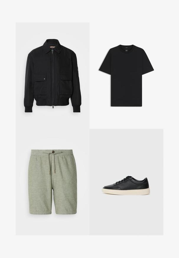 Schwarze Bomberjacke aus glattem, leichtem Stoff. Mit einem Reißverschluss vorne, zwei aufknöpfbaren Brusttaschen und gerippten Bündchen.; Schwarz T-Shirt mit kurzen Ärmeln aus einem glatten Baumwollmix, mit Rundhalsausschnitt und einem minimalistischen Design ohne Muster oder Akzente.; Hellgrüne Shorts aus einem strukturierten Stoff mit einem elastischen Bund, einem Kordelzug und einem einzelnen Knopfverschluss.; Schwarzer niedriger Ledersneaker mit schwarzen Schnürsenkeln und cremefarbenem Sohlenrand, seitlich auf weißem Hintergrund dargestellt.