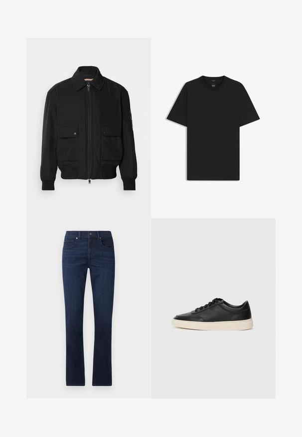 Schwarze Bomberjacke aus glattem, leichtem Stoff. Mit einem Reißverschluss vorne, zwei aufknöpfbaren Brusttaschen und gerippten Bündchen.; Schwarz T-Shirt mit kurzen Ärmeln aus einem glatten Baumwollmix, mit Rundhalsausschnitt und einem minimalistischen Design ohne Muster oder Akzente.; Dunkelblaue Jeans aus Denim mit geradem Bein, ausgestattet mit einem Frontknopf und einem Reißverschluss, sowie klassischem Fünf-Taschen-Design.; Schwarzer niedriger Ledersneaker mit schwarzen Schnürsenkeln und cremefarbenem Sohlenrand, seitlich auf weißem Hintergrund dargestellt.