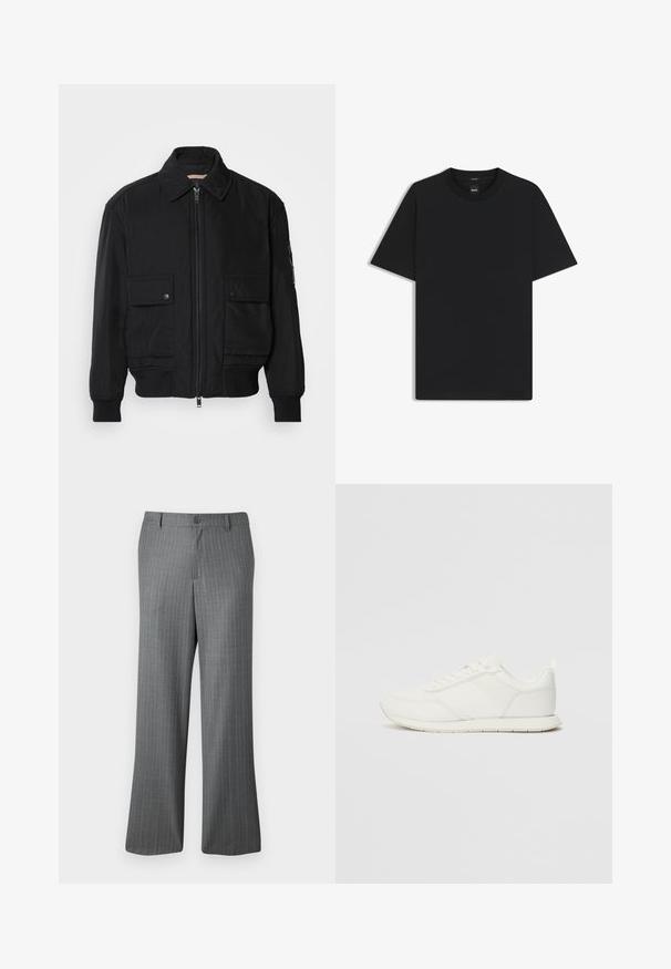 Veste bomber noire en tissu lisse et léger. Dotée d'une fermeture éclair à l'avant, de deux poches poitrines boutonnées et de poignets côtelés.; T-shirt noir à manches courtes en coton mélangé doux, avec un col rond et un design minimaliste sans motifs ni accents.; Pantalons gris à rayures fines avec une coupe décontractée, dotés d'une fermeture à bouton, de passants de ceinture et de subtiles rayures bleu clair tout au long.; Sneaker blanche avec une tige en mesh et en synthétique, bout rond, lacets plats et une bande latérale texturée. Semelle en caoutchouc avec une languette à l'arrière.