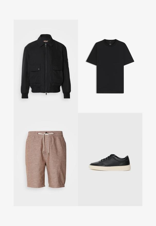 Zwarte bomberjack gemaakt van soepel, lichtgewicht materiaal. Voorzien van een ritssluiting aan de voorkant, twee knoopsluitingen op de borstzakken en geribbelde manchetten.; Zwarte korte mouwen T-shirt van een gladde katoenmix, met een ronde halslijn en een minimalistisch ontwerp zonder patronen of accenten.; Korte broeken van bruin linnen met een elastische tailleband, trekkoordsluiting en opgerolde zoom. Bevat subtiele textuur en minimale designelementen.; Zwarte leren sneaker met lage schacht, zwarte veters en off-white zool, weergegeven in zijprofiel op een witte achtergrond.