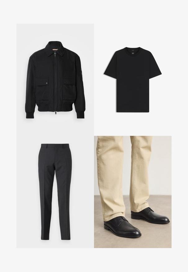 Schwarze Bomberjacke aus glattem, leichtem Stoff. Mit einem Reißverschluss vorne, zwei aufknöpfbaren Brusttaschen und gerippten Bündchen.; Schwarz T-Shirt mit kurzen Ärmeln aus einem glatten Baumwollmix, mit Rundhalsausschnitt und einem minimalistischen Design ohne Muster oder Akzente.; Dunkelgraue maßgeschneiderte Hose mit geradem Schnitt, verfügt über Seitentaschen und eine subtile Textur. Die Verschlüsse umfassen einen Reißverschluss und Gürtelschlaufen.; Schwarze Leder Schnürschuhe mit runder Zehenform, glatter Oberfläche und dezenten Nähdetails, getragen mit hellbeigen Hosen.