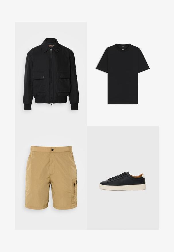 Black bomber jacket made of smooth, lightweight fabric. Features a zip front, two buttoned chest pockets, and ribbed cuffs.; Black short-sleeve T-shirt made from a smooth cotton blend, featuring a crew neckline and a minimalistic design with no patterns or accents.; Tan, lightweight shorts with a textured finish, a front pocket, and a side cargo pocket featuring a black zipper and branding detail.; Black leather sneakers with a smooth texture, beige rubber sole, lace-up design, and a contrasting heel accent.