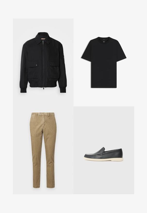 Black bomber jacket made of smooth, lightweight fabric. Features a zip front, two buttoned chest pockets, and ribbed cuffs.; Black short-sleeve T-shirt made from a smooth cotton blend, featuring a crew neckline and a minimalistic design with no patterns or accents.; Beige corduroy trousers with a straight cut, featuring a button closure and front pockets. Smooth texture with visible ribbed pattern.; Black leather slip-on loafers with a textured finish and a contrasting beige rubber sole. Features a subtle accent along the front.