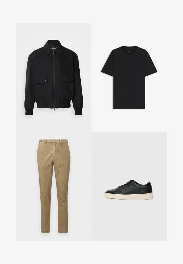 Sort bomberjakke lavet af glat, letvægtsstof. Har lynlås foran, to knap-lukkede brystlommer og ribbede manchetter.; Sort kortærmet T-shirt lavet af en glat bomuldsblanding, med en rund halsudskæring og et minimalistisk design uden mønstre eller accenter.; Beige corduroy bukser med lige snit, med knaplukning og forlommer. Glat tekstur med synligt ribbestrik.; Sort lavt top lædersneaker med sorte snørebånd og off-white sål vist i sideprofil på hvid baggrund.