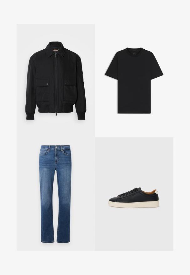 Giacca bomber nera realizzata in tessuto morbido e leggero. Caratterizzata da una chiusura con zip frontale, due tasche sul petto con bottone e polsini a costine.; Maglietta nera a maniche corte realizzata in un morbido misto cotone, con scollatura a girocollo e un design minimalista senza motivi o dettagli.; Jeans in denim blu scuro con design a gamba dritta, stile a cinque tasche e cuciture a contrasto. Presentano una chiusura con bottone e cerniera.; Sneakers in pelle nera con una texture liscia, suola in gomma beige, design con lacci e un accento del tacco in contrasto.