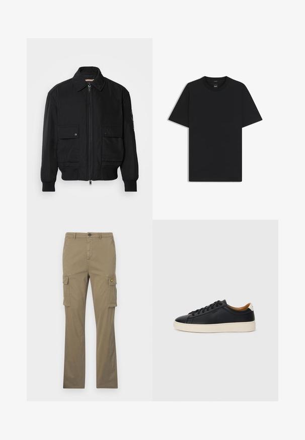 Zwarte bomberjack gemaakt van soepel, lichtgewicht materiaal. Voorzien van een ritssluiting aan de voorkant, twee knoopsluitingen op de borstzakken en geribbelde manchetten.; Zwarte korte mouwen T-shirt van een gladde katoenmix, met een ronde halslijn en een minimalistisch ontwerp zonder patronen of accenten.; Khaki cargobroek gemaakt van katoen met rechte pijpen, twee zijzakken en een klein geel logopatch op de linkerzak.; Zwarte leren sneakers met een gladde textuur, beige rubberen zool, vetersluiting en een contrasterende hielaccent.