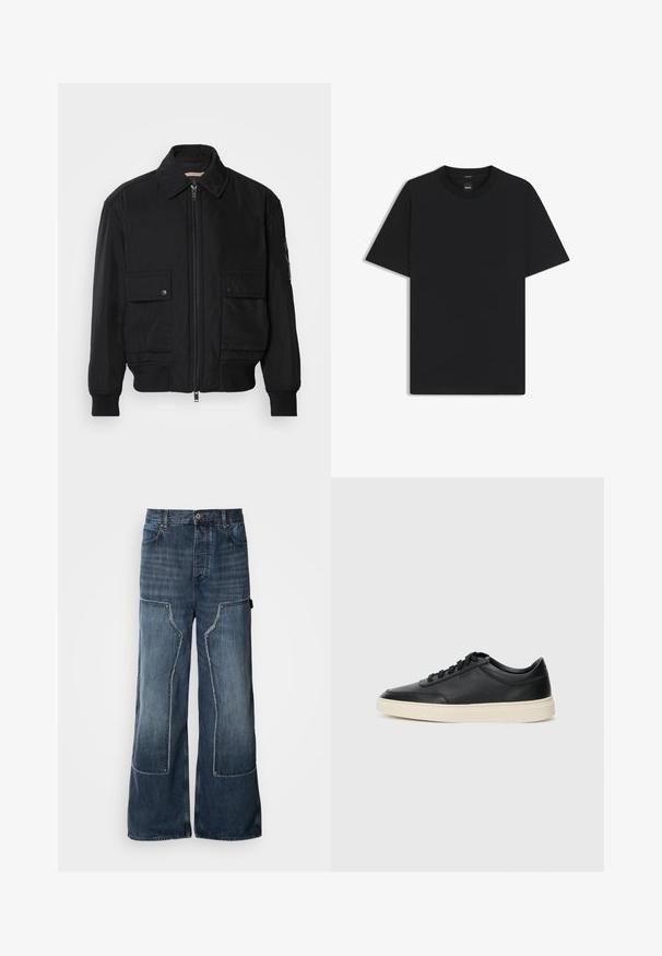 Czarna kurtka bombowiec wykonana z gładkiego, lekkiego materiału. Posiada zamek błyskawiczny z przodu, dwie kieszenie na piersi zapinane na guziki oraz ściągacze przy mankietach.; Czarny t-shirt krótki rękaw wykonany z gładkiej mieszanki bawełny, z okrągłym dekoltem i minimalistycznym designem bez wzorów czy akcentów.; Luźne niebieskie dżinsowe spodnie z szerokimi nogawkami, z detalami patchworkowymi, kontrastowymi szwami, dużymi kieszeniami bocznymi oraz zapięciem na guzik.; Czarne niskie skórzane sneakersy z czarnymi sznurówkami i off-white podeszwą, prezentowane w profilu bocznym na białym tle.