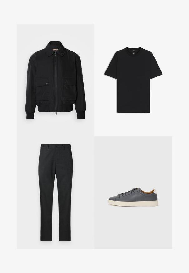 Veste bomber noire en tissu lisse et léger. Dotée d'une fermeture éclair à l'avant, de deux poches poitrines boutonnées et de poignets côtelés.; T-shirt noir à manches courtes en coton mélangé doux, avec un col rond et un design minimaliste sans motifs ni accents.; Pantalons gris foncé en tissu texturé avec une coupe droite, comportant deux poches avant et deux fermetures à boutons à la taille.; Baskets en cuir gris avec bout rond, semelle en caoutchouc, lacets plats et accents clairs au talon. Texture lisse et design minimaliste.