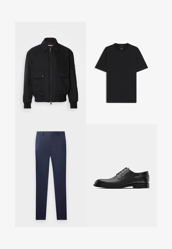 Black bomber jacket made of smooth, lightweight fabric. Features a zip front, two buttoned chest pockets, and ribbed cuffs.; Black short-sleeve T-shirt made from a smooth cotton blend, featuring a crew neckline and a minimalistic design with no patterns or accents.; Navy blue trousers featuring a subtle checked pattern, made of a smooth fabric with a tailored fit and straight legs, no visible hardware.; Black leather dress shoe featuring a rounded toe, smooth texture, minimal seams, and a flat sole with subtle branding on the heel.