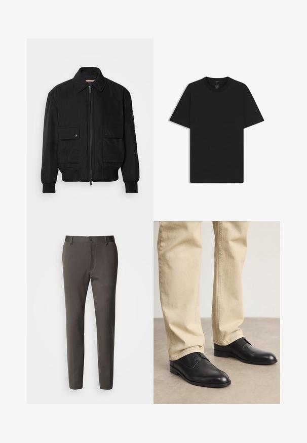 Czarna kurtka bombowiec wykonana z gładkiego, lekkiego materiału. Posiada zamek błyskawiczny z przodu, dwie kieszenie na piersi zapinane na guziki oraz ściągacze przy mankietach.; Czarny t-shirt krótki rękaw wykonany z gładkiej mieszanki bawełny, z okrągłym dekoltem i minimalistycznym designem bez wzorów czy akcentów.; Slim-fit spodnie w ciemnoszarym materiale, z prostym przodem, szlufkami na pasek i pojedynczym zapięciem na guzik w talii. Gładka tekstura.; Czarne skórzane buty na sznurówki z zaokrąglonym czubkiem, gładkim wykończeniem i subtelnymi detalami szycia, noszone z jasnobeżowymi spodniami.