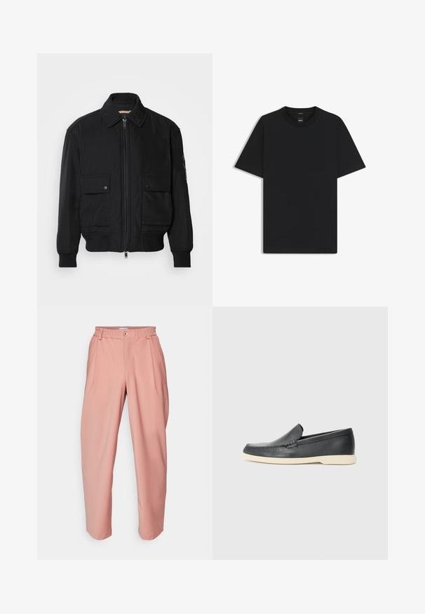 Giacca bomber nera realizzata in tessuto morbido e leggero. Caratterizzata da una chiusura con zip frontale, due tasche sul petto con bottone e polsini a costine.; Maglietta nera a maniche corte realizzata in un morbido misto cotone, con scollatura a girocollo e un design minimalista senza motivi o dettagli.; Libertine-Libertine ALIVE - Pantaloni - orchid; Mocassini neri in pelle con finitura testurizzata e suola in gomma beige a contrasto. Presentano un accento sottile lungo la parte anteriore.
