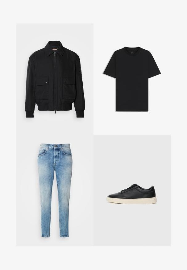 Schwarze Bomberjacke aus glattem, leichtem Stoff. Mit einem Reißverschluss vorne, zwei aufknöpfbaren Brusttaschen und gerippten Bündchen.; Schwarz T-Shirt mit kurzen Ärmeln aus einem glatten Baumwollmix, mit Rundhalsausschnitt und einem minimalistischen Design ohne Muster oder Akzente.; Helle blaue Denim-Jeans mit verwittertem Waschung, geradem Bein-design, fünf Taschen und einem Metallknopfverschluss. Dezentes Ausbleichen an den Hüften.; Schwarzer niedriger Ledersneaker mit schwarzen Schnürsenkeln und cremefarbenem Sohlenrand, seitlich auf weißem Hintergrund dargestellt.