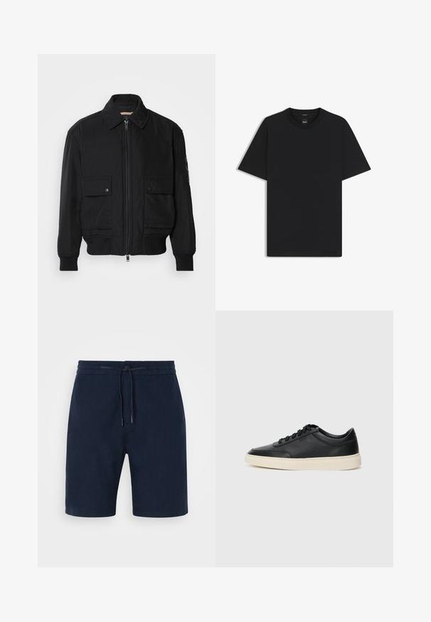 Giacca bomber nera realizzata in tessuto morbido e leggero. Caratterizzata da una chiusura con zip frontale, due tasche sul petto con bottone e polsini a costine.; Maglietta nera a maniche corte realizzata in un morbido misto cotone, con scollatura a girocollo e un design minimalista senza motivi o dettagli.; Pantaloni corti blu navy realizzati in tessuto morbido, con vita elasticizzata e coulisse, tasche laterali e gamba dritta.; Sneaker in pelle nera a basso profilo con lacci neri e suola avorio, mostrato di profilo su sfondo bianco.