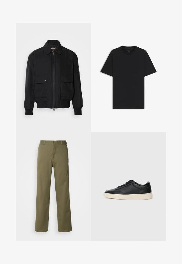 Veste bomber noire en tissu lisse et léger. Dotée d'une fermeture éclair à l'avant, de deux poches poitrines boutonnées et de poignets côtelés.; T-shirt noir à manches courtes en coton mélangé doux, avec un col rond et un design minimaliste sans motifs ni accents.; Pantalons kaki en tissu coton lisse, avec une coupe droite, fermeture à bouton et à zip, et passants de ceinture à la taille.; Baskets en cuir noires à tiges basses avec lacets noirs et semelle ivoire, présentées en profil latéral sur fond blanc.