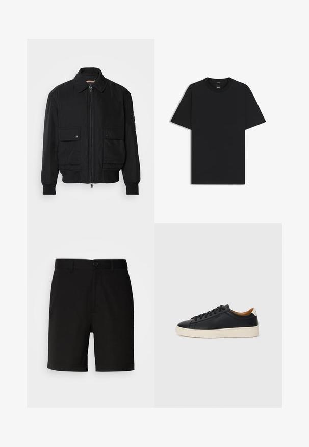 Giacca bomber nera realizzata in tessuto morbido e leggero. Caratterizzata da una chiusura con zip frontale, due tasche sul petto con bottone e polsini a costine.; Maglietta nera a maniche corte realizzata in un morbido misto cotone, con scollatura a girocollo e un design minimalista senza motivi o dettagli.; Pantaloni corti neri in tessuto morbido, dotati di chiusura con un solo bottone e passanti per la cintura, con aperture per le gambe dritte e senza motivi visibili.; Sneakers in pelle nera con una texture liscia, suola in gomma beige, design con lacci e un accento del tacco in contrasto.