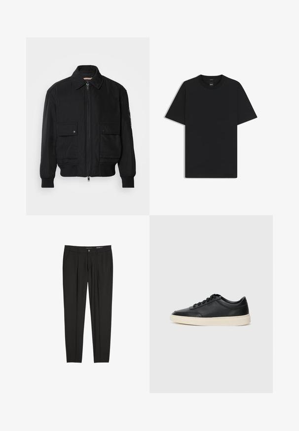 Schwarze Bomberjacke aus glattem, leichtem Stoff. Mit einem Reißverschluss vorne, zwei aufknöpfbaren Brusttaschen und gerippten Bündchen.; Schwarz T-Shirt mit kurzen Ärmeln aus einem glatten Baumwollmix, mit Rundhalsausschnitt und einem minimalistischen Design ohne Muster oder Akzente.; Schwarze maßgeschneiderte Hose aus glattem Stoff mit Gürtelschlaufen, Seiten- und frontalen Reißverschluss-Taschen. Slim-Fit-Design.; Schwarzer niedriger Ledersneaker mit schwarzen Schnürsenkeln und cremefarbenem Sohlenrand, seitlich auf weißem Hintergrund dargestellt.