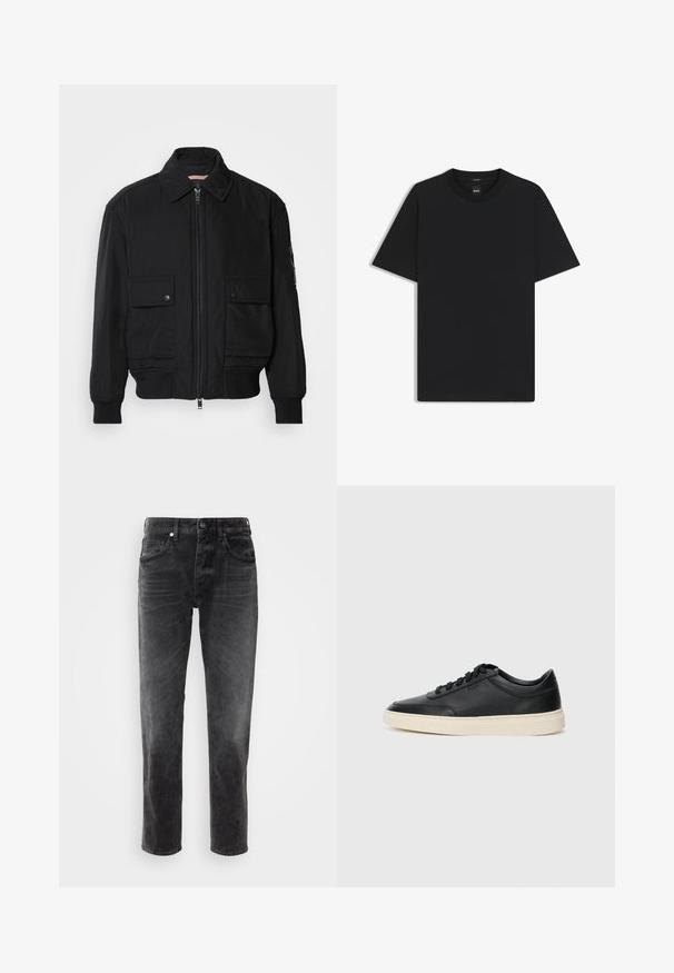 Chaqueta bomber negra de tejido suave y ligero. Cuenta con cierre de cremallera en la parte delantera, dos bolsillos en el pecho con botón y puños acanalados.; Camiseta negra de manga corta fabricada con una suave mezcla de algodón, que presenta un cuello redondo y un diseño minimalista sin patrones ni acentos.; Jeans de mezclilla negra con corte recto, cinco bolsillos, cierre de botón y un desvanecimiento sutil, presentando un acabado de tela texturizada.; Zapatilla negra de piel de caña baja con cordones negros y suela color crema, mostrada en perfil lateral sobre fondo blanco.