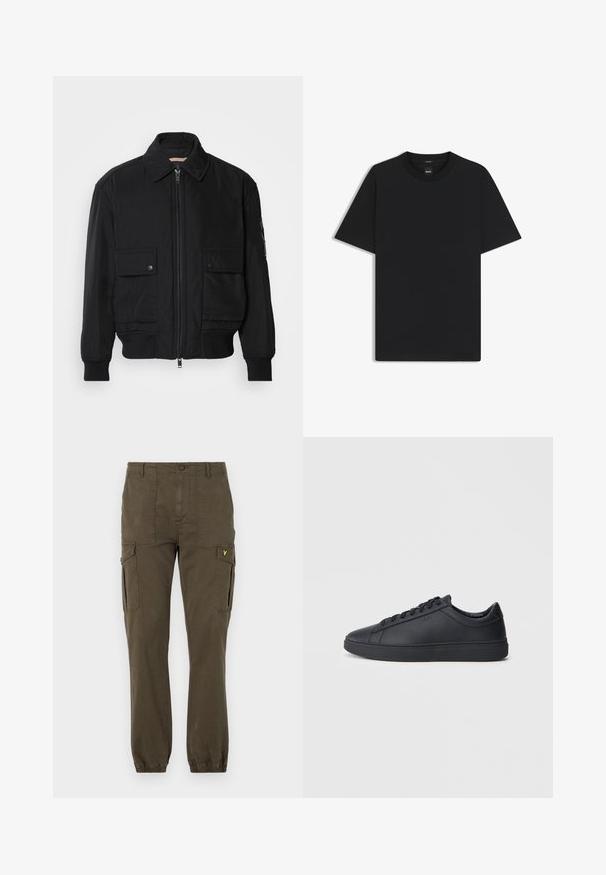 Zwarte bomberjack gemaakt van soepel, lichtgewicht materiaal. Voorzien van een ritssluiting aan de voorkant, twee knoopsluitingen op de borstzakken en geribbelde manchetten.; Zwarte korte mouwen T-shirt van een gladde katoenmix, met een ronde halslijn en een minimalistisch ontwerp zonder patronen of accenten.; Olijfgroene cargo broek van katoen, met twee zijzakken, elastische boorden en een klein geel logo nabij de tailleband.; Zwarte sneakers van glad leer met een lage schacht, ronde neus en platte rubberen zool. Voorzien van veters en subtiele branding.