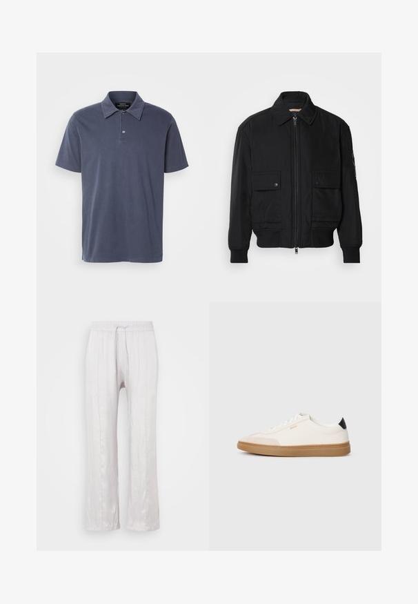 Must mustrakk musth kergestikuti kergemest kuduklett, kergete vestid valjase tormakate. Omab fasadi lukkumist, kahte nööbül pulsiv кофейня ning ribitud käiseid.; Tumedast sinine lühikeste varrukatega polo särk, mis on tehtud pehmest kangast, klassikalise krae, kahe nööbiga kinnituse ja diskreetsete külgkohtadega.; Heledad hallikas, vabalt langev püksid siledast kangast, millel on elastne vöökoht ja kinnitusnöör. Sirged jalad peente voldikute ja ilma nähtavate mustriteta.; Valged tennisekad beežide aktsentidega, siledast nahast pealagi, ümar varvas ja kummist kummine tallaosa, musta kannatugedega ning peene brändimisega.