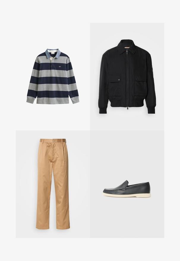 Juodas bomber stiliaus švarkas, pagamintas iš sklandaus, lengvo audinio. Su užtrauktuku priekyje, dviem kišenėmis su sagomis ant krūtinės ir guma apykaklėje.; Polo marškinėliai ilgomis rankovėmis su pilkomis ir jūrinėmis horizontaliomis juostelėmis, turintys džinsinį apykaklę ir prekės ženklo logotipą kairėje krūtinės pusėje.; Kaki kelnės, medvilnės mišinys, tiesaus kirpimo dizainas, priekiniai raukiniai, diržo kilpos ir mygtuko uždarymas. Lygus audinys be raštų.; Juodi odiniai batus be raištelių, turintys tekstūruotą paviršių ir kontrastingą smėlio spalvos gumos padai. Yra subtilus akcentas priekyje.