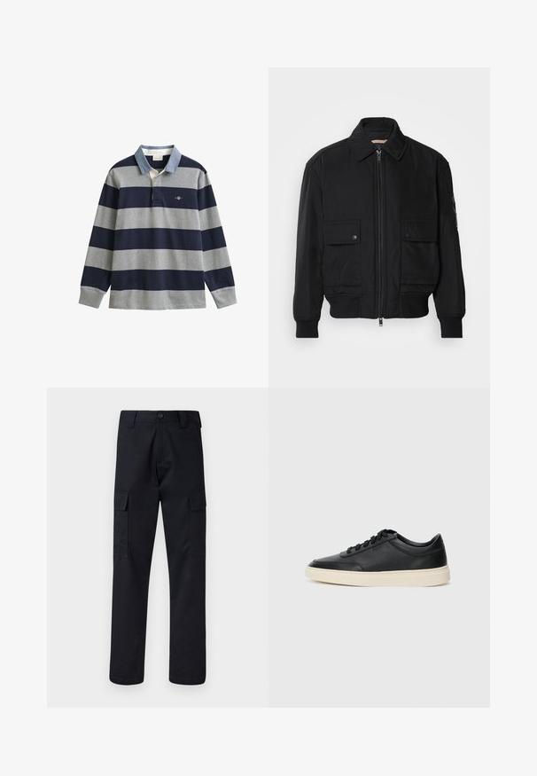 Fekete bomberdzseki sima, könnyű anyagból. Cipzáras elülső részével, két gombos mellzsebével és bordás mandzsettáival rendelkezik.; Hosszú ujjú póló, szürke és tengerészkék vízszintes csíkokkal, farmerral a gallérrészén és a márka logójával a bal mellrészen.; Fekete cargo nadrág, tartós anyagból készült, egyenes szárú fazonnal, két oldalsó zsebbel és gombos záródással a derékon.; Fekete, alacsony szárú bőrsneaker fekete fűzőkkel és törtfehér talppal, oldalnézetben, fehér háttér előtt.