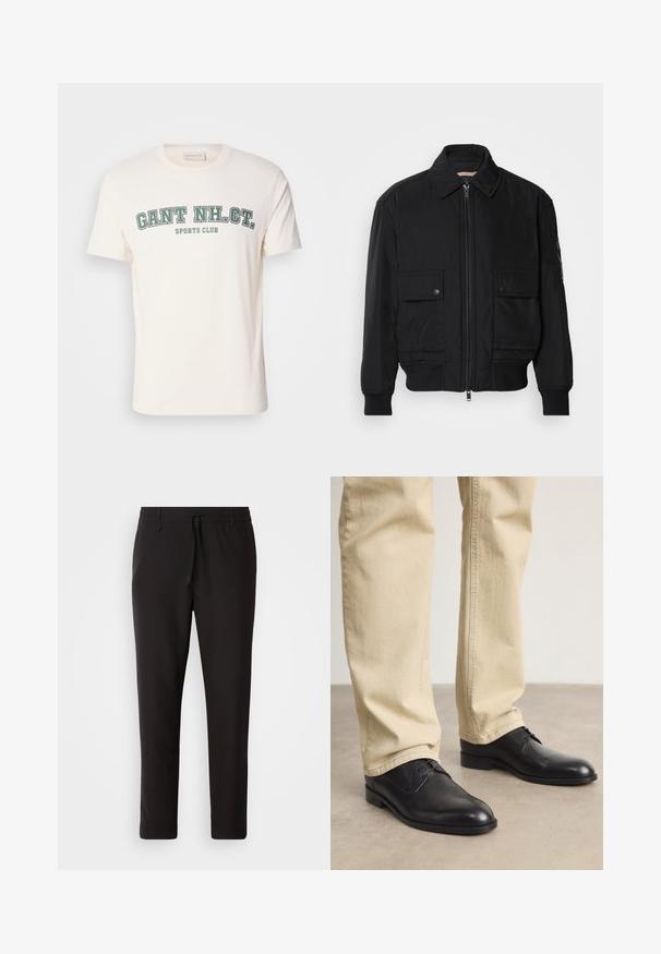 Giacca bomber nera realizzata in tessuto morbido e leggero. Caratterizzata da una chiusura con zip frontale, due tasche sul petto con bottone e polsini a costine.; T-shirt di cotone crema con scollo rotondo e maniche corte. La parte anteriore presenta "GANT NH. CT." e "SPORTS CLUB" in testo verde e nero.; Pantaloni jogger neri realizzati in tessuto liscio. Presentano una vita elasticizzata con stringa, gambe affusolate e senza tasche visibili. Design semplice.; Scarpe stringate in pelle nera con punta arrotondata, finitura liscia e dettagli di cucitura sottili, indossate con pantaloni beige chiaro.
