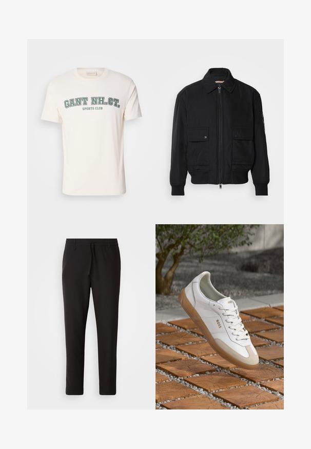 Jachetă bomber neagră, fabricată dintr-un material neted și ușor. Dispune de un fermoar frontal, două buzunare cu nasturi pe piept și manșete ribbrate.; T-shirt din bumbac crem, cu guler rotund și mâneci scurte. Partea din față afișează "GANT NH. CT." și "SPORTS CLUB" în text verde și negru.; Pantaloni de jogging negri, confecționați dintr-un material neted. Prezintă un talie elastică cu șnur, picioare conice și fără buzunare vizibile. Design simplu.; Sneakers din piele albă cu accente din suede bej, având vârful rotund, șireturi frontale și talpa din cauciuc bej, inscripționate cu numele brandului "BOSS."