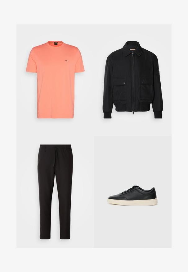 Črna bomberska jakna iz gladkega, lahkega materiala. Ima zadrgo spredaj, dva žepa na prsih s preklopom in rebraste manšete.; T-maica s kratkimi rokavi v svetlem koralnem odtenku, izdelana iz mehkega bombaža. Ima okrogel ovratnik in majhen črn logotip 'BOSS' na prsih.; Črne jogger hlače iz gladkega blaga. Imajo elastičen pas z vrvico, zožane hlačnice in brez vidnih žepov. Enostaven dizajn.; Črne nizke usnjene teniske s črnimi vezalkami in svetlo belo podplatom, prikazane v stranskem profilu na beli podlagi.
