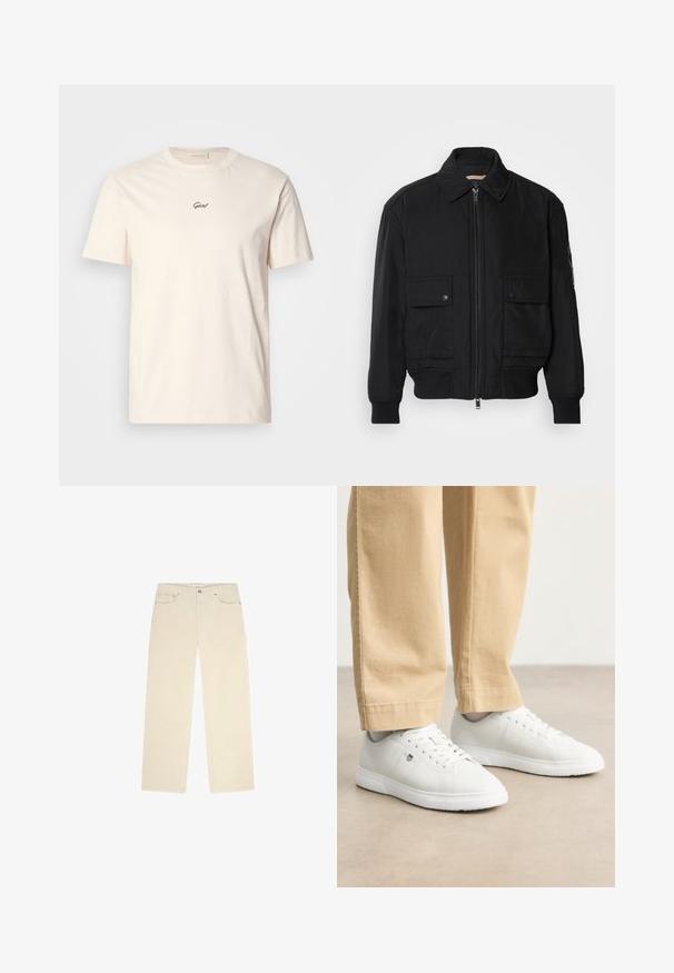 Black bomber jacket made of smooth, lightweight fabric. Features a zip front, two buttoned chest pockets, and ribbed cuffs.; Cream cotton t-shirt with short sleeves and a round neckline. Features a small black embroidered logo on the chest. Soft texture.; Beige corduroy pants with a straight-leg design, featuring two front pockets and a subtle ribbed texture. Metal hardware accents included.; White leather sneakers with a smooth finish, featuring round toe, lace-up design, and subtle logo detail on the side, paired with beige pants.