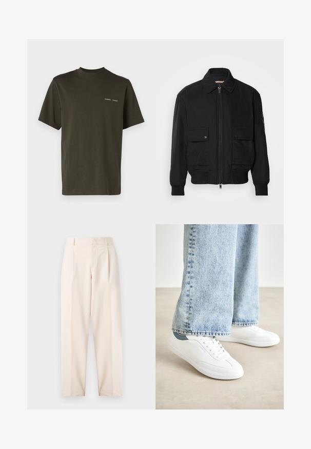 Černá bomber bunda vyrobená z hladkého, lehkého materiálu. Má zipový přední díl, dvě kapsy na hrudi s knoflíky a vroubkované manžety.; Tmavě zelené bavlněné tričko s krátkými rukávy, kulatým výstřihem a jemným bílým logem "SAMSØE" potištěným na hrudníku. Hladká textura.; Béžové kalhoty se zvýšeným pasem, záhyby a rovného střihu. Vyrobené z hladké tkaniny s bočními kapsami a čistým zakončením.; Bílé tenisky s hladkým materiálem, šněrovacím designem, texturovanou gumovou podešví a tyrkysovým akcentem na patě, v kombinaci se světle modrými džíny.