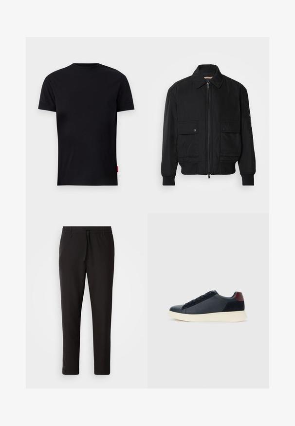 Must mustrakk musth kergestikuti kergemest kuduklett, kergete vestid valjase tormakate. Omab fasadi lukkumist, kahte nööbül pulsiv кофейня ning ribitud käiseid.; Mustad musta puuvillane T-särk, millel on lühikesed varrukad, ümar kaelus ja väike punane logo aktsent alumisel vasakul küljel. Sile tekstuur.; Mustad jogger-püksid, mis on valmistatud siledast kangast. Omavad elastset pihaotsikut koos paelaga, kitsenevaid jalaosi ja nähtamatuid taskuid. Lihtne disain.; Madala stiilis meeste toss mustast nahast ja seemisnahast, marooni värvi kanna detailiga ja valge kummist tallaga, vaatega välisküljelt.