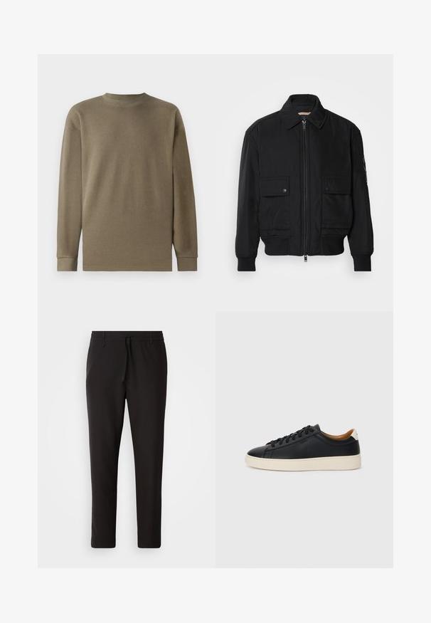 Zwarte bomberjack gemaakt van soepel, lichtgewicht materiaal. Voorzien van een ritssluiting aan de voorkant, twee knoopsluitingen op de borstzakken en geribbelde manchetten.; Olijfgroen langemouwen textuurtop met een ronde hals en ribbelstof, met rechte onderkanten en gestructureerde mouwen.; Zwarte joggingsbroek van gladde stof. Kenmerkt zich door een elastische tailleband met een trekkoord, taps toelopende benen en geen zichtbare zakken. Eenvoudig ontwerp.; Zwarte leren sneakers met een gladde textuur, beige rubberen zool, vetersluiting en een contrasterende hielaccent.