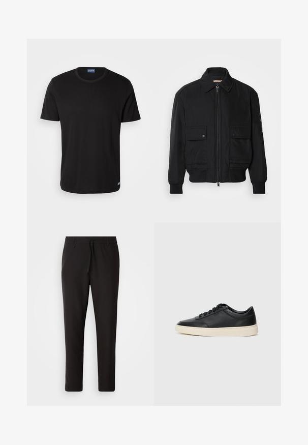 Čierna bomber bunda vyrobená z hladkej, ľahkej látky. Má zips na prednej strane, dve gombíkové vrecká na hrudi a ribbované manžety.; Čierne tričko s krátkym rukávom vyrobené z bavlny, s okrúhlym výstrihom a malou značkovou etiketu na leme. Hladká textúra, klasický strih.; Čierne jogger nohavice vyrobené z hladkej tkaniny. Majú elastický pás s šnúrkou, zúžené nohavice a žiadne viditeľné vrecká. Jednoduchý dizajn.; Čierne nízkoprevádzkové kožené tenisky s čiernymi šnúrkami a krémovou podrážkou zobrazené v bočnom profile na bielom pozadí.