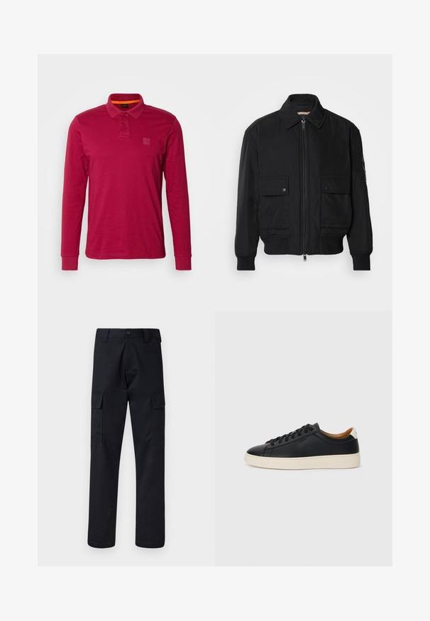 Crna bomberska jakna od glatkog, laganog materijala. Ima zatvarač sprijeda, dva gumbasta džepa na prsima i rebraste manžete.; Polo majica dugih rukava u čvrstoj burgundijskoj boji od pamuka, sa tri dugmeta, rebrastim manžetama i malim logotipom na prsima.; Crne cargo hlače od čvrstog materijala, s ravnim krojem, dva bočna džepa i dugmetom za zatvaranje na pojasu.; Crne kožne tenisice s glatkom teksturom, bež gumeni đon, dizajn s vezicama i kontrastni detalj na peti.