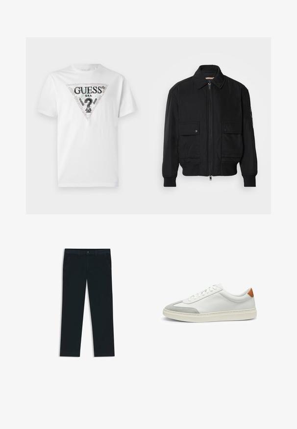 Zwarte bomberjack gemaakt van soepel, lichtgewicht materiaal. Voorzien van een ritssluiting aan de voorkant, twee knoopsluitingen op de borstzakken en geribbelde manchetten.; Witte katoenen t-shirt met een zwart en kleurrijk driehoeklogo met tekst. Korte mouwen en een ronde halslijn, zachte textuur.; Donkerblauwe chino's gemaakt van een katoenmix stof. Voorzien van riemlussen, front pockets en een rits met knoopsluiting.; Witte leren sneakers met grijze suede accenten en een tan leren hieltab. Kenmerkt zich door een textuurovervlak en een lichtgewicht zool.
