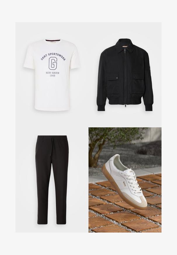 Černá bomber bunda vyrobená z hladkého, lehkého materiálu. Má zipový přední díl, dvě kapsy na hrudi s knoflíky a vroubkované manžety.; Bílý bavlněný tričko s kulatým výstřihem, krátkými rukávy a tmavě modrým potiskem s nápisy: "GANT SPORTSWEAR," "NEW HAVEN" a "1949."; Černé teplákové kalhoty vyrobené z hladké látky. Mají elastický pas se šňůrkou, zúžené nohavice a žádné viditelné kapsy. Jednoduchý design.; Bílé kožené tenisky s béžovými semišovými detaily, s kulatou špičkou, šněrovacím předním dílem a hnědou gumovou podrážkou, zobrazující jméno značky "BOSS."