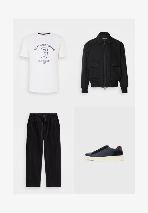 Veste bomber noire en tissu lisse et léger. Dotée d'une fermeture éclair à l'avant, de deux poches poitrines boutonnées et de poignets côtelés.; T-shirt en coton blanc avec un col rond, des manches courtes et un texte imprimé bleu marine : "GANT SPORTSWEAR," "NEW HAVEN," et "1949."; Pantalons en velours côtelé noir avec une coupe décontractée, dotés d'une taille élastique avec cordon de serrage et de poches latérales. Le tissu présente une texture côtelée.; Baskets basses pour hommes en cuir noir et daim avec un tirant de talon bordeaux et une semelle en caoutchouc blanche, vues depuis le côté extérieur.